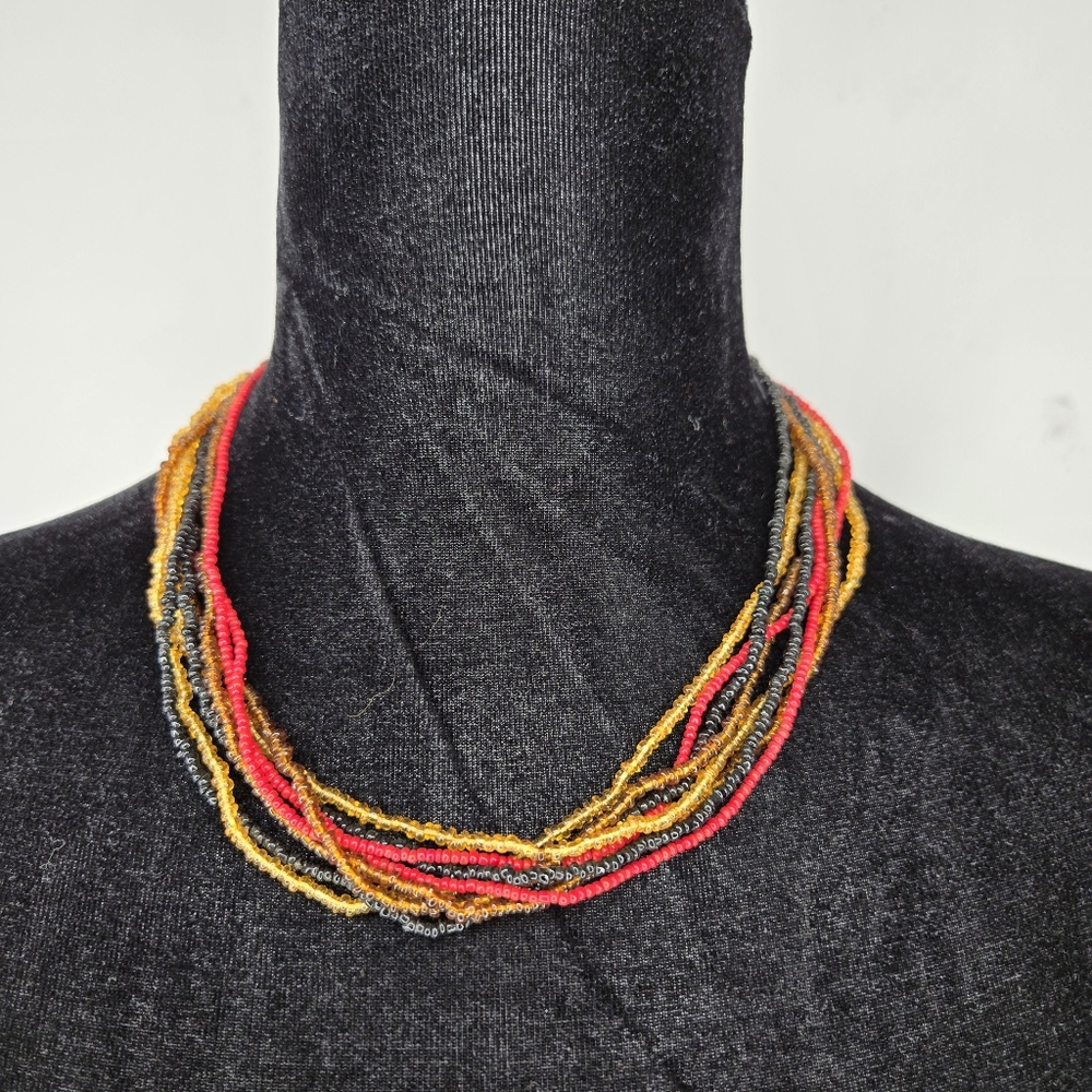 Chico's Multistrand Beaded Necklace Short Black Red Gold Brown Brass Fittings